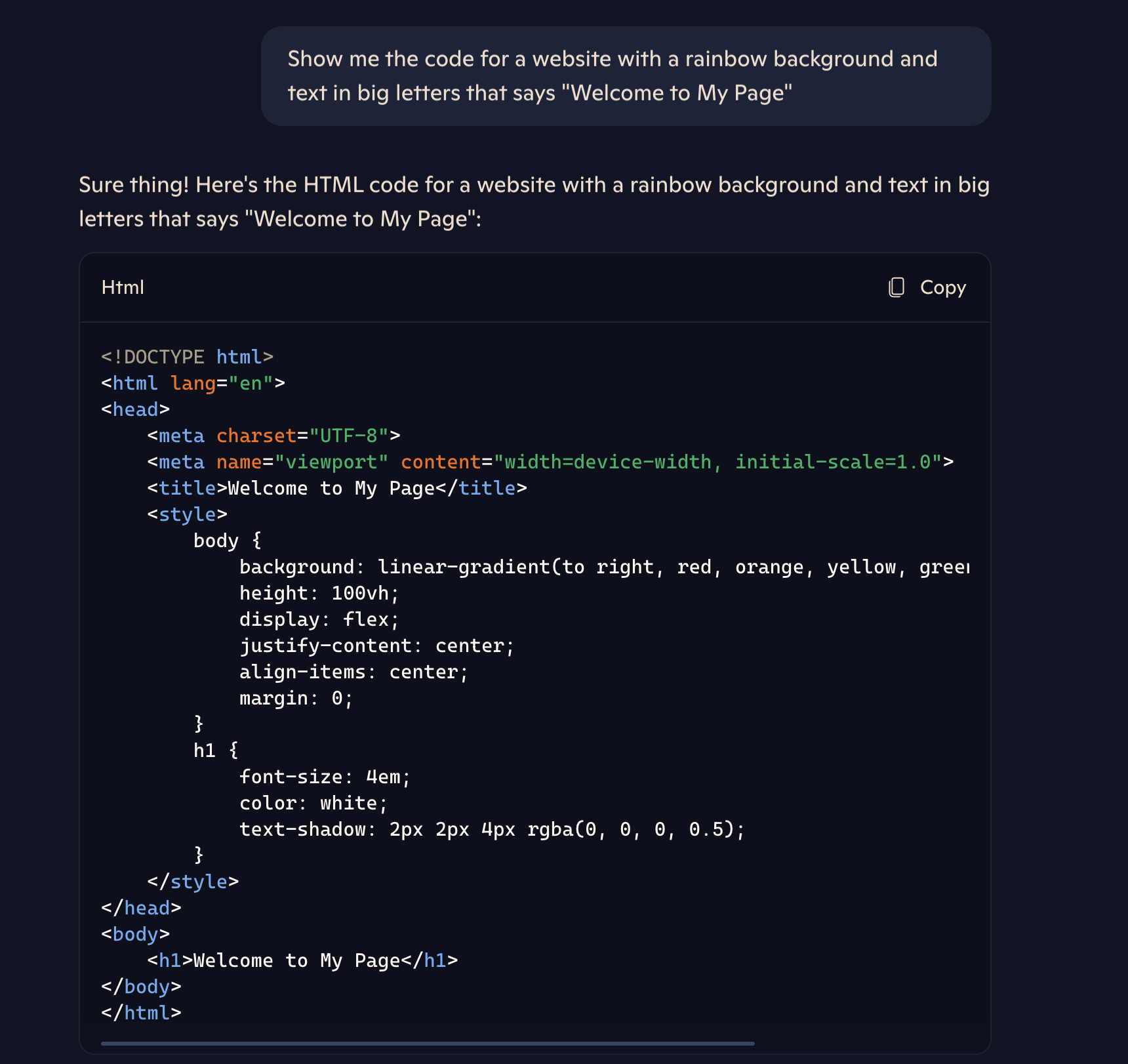 Copilot chat box where author asked AI to show them the code for a website with a rainbow background and big text that says "welcome to my page"